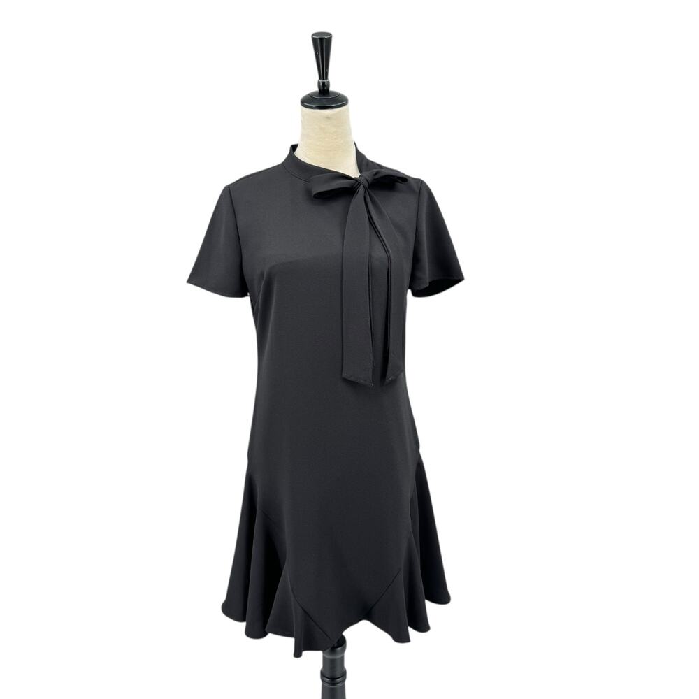 Cece Black Fit & Flare Invisible Zip Neck Bow Tie Short Sleeve Dress